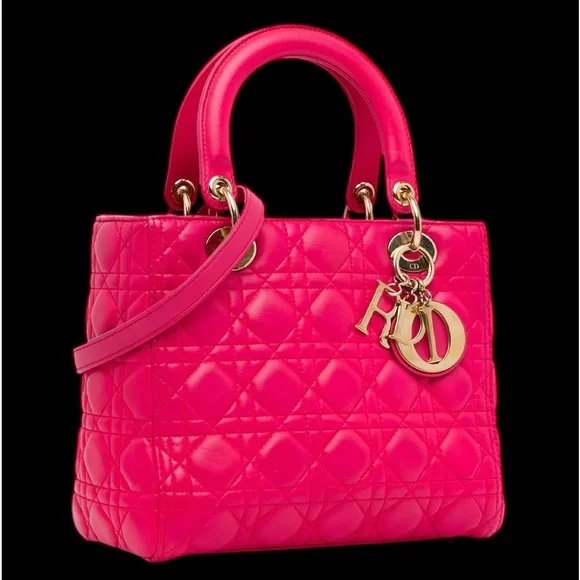π₯ Christian Dior Lady Dior Pink Supple Quilted Lambskin Large Bag EUC! - Picture 14 of 16
